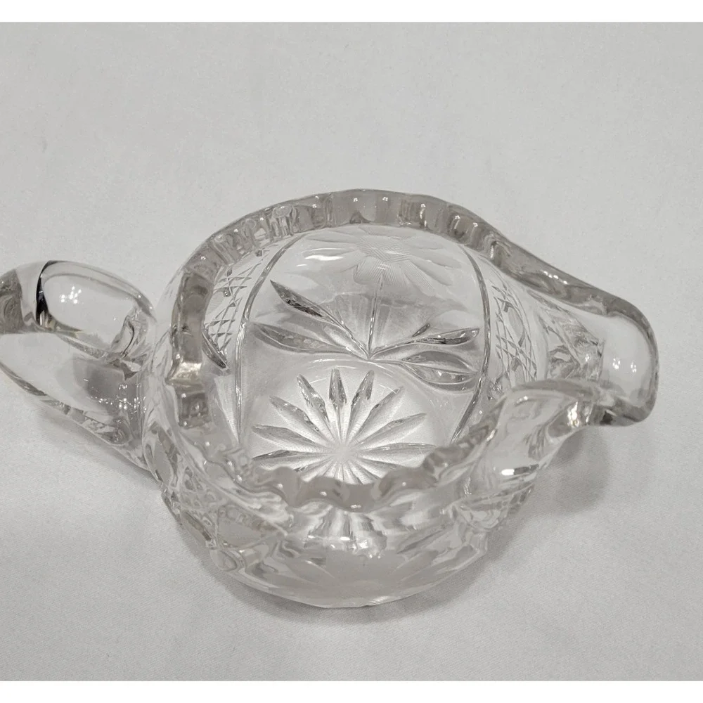 Clear Pressed Glass Floral Pattern Creamer with Handle, Decorative Round